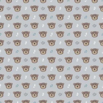 Cute bear Seamless pattern. Cartoon Animals in forest background. Vector illu Stock Illustration