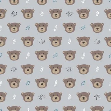 Cute bear Seamless pattern. Cartoon Animals in forest background. Vector illu Stock Illustration