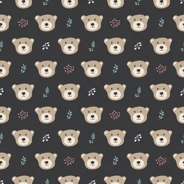 Cute bear Seamless pattern. Cartoon Animals in forest background. Vector illu Stock Illustration