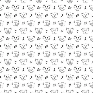 Cute bear Seamless pattern. Cartoon Animals in forest background. Vector illu Stock Illustration
