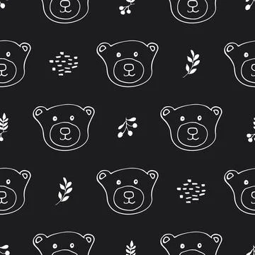 Cute bear Seamless pattern. Cartoon Animals in forest background. Vector illu 스톡 일러스트