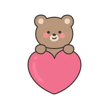 Cute Bear Sitting and Hugging a Pink Heart in Cartoon Styl Stock Illustration