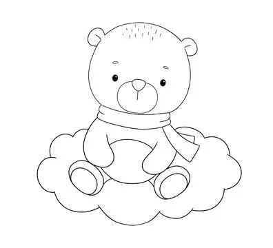 Cute bear sitting on cloud, line hand drawn illustration isolated on white ba Illustrazione stock