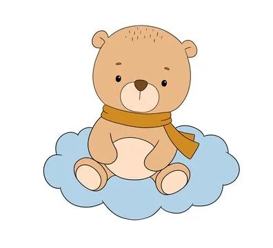 Cute bear sitting on cloud in sky, vector hand drawn illustration isolated on Stock Illustration