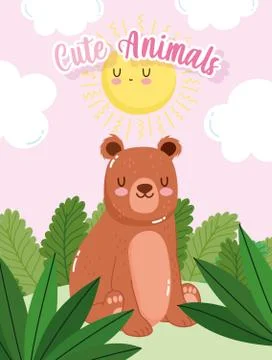Cute bear sitting on grass forest nature wild cartoon Stockillustratie