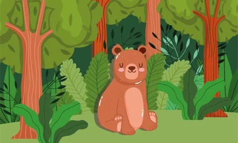 Cute bear sitting on grass forest nature wild cartoon Stockillustratie