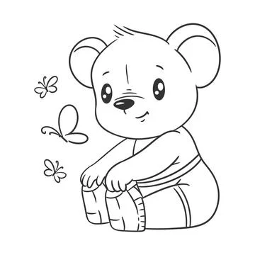 Cute bear is sitting looking at the flying butterfly for coloring Illustrazione stock