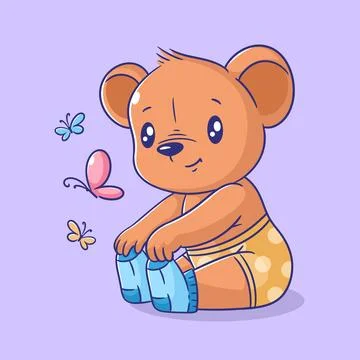 Cute bear is sitting looking at the flying butterfly Stock Illustration