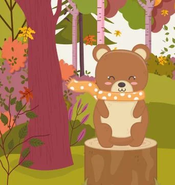 Cute bear sitting stump forest hello autumn Stockillustratie