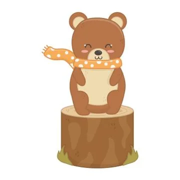 Cute bear sitting stump forest hello autumn Stockillustratie