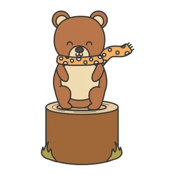 Cute bear sitting stump forest hello autumn Stockillustratie