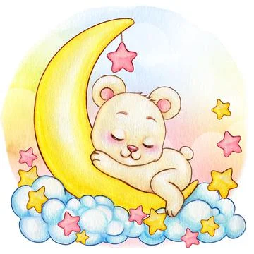 Cute bear sleeping on the moon Ilustração Stock