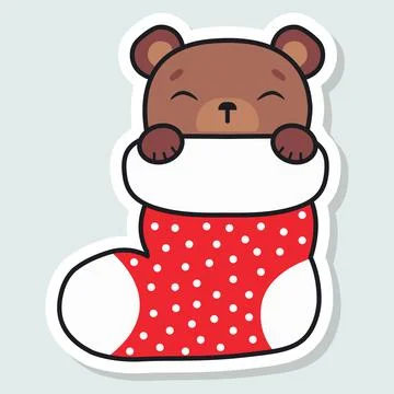 Cute bear sleeps in a Christmas stocking. Happy Holidays. Winter animal. Vector Stock Illustration