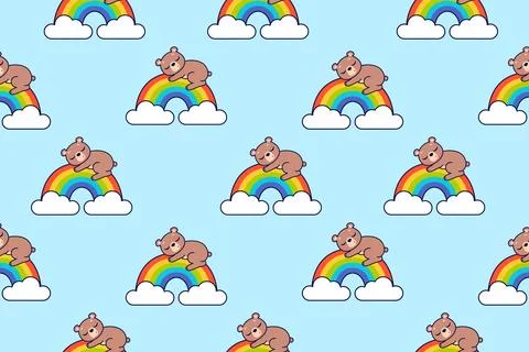 Cute bear sleeps on the rainbow. Seamless vector pattern イラスト素材