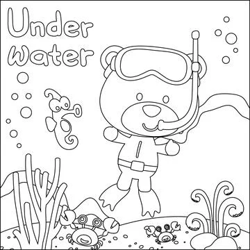 Cute bear in snorkel mask diving in the sea isolated on white background Stock Illustration