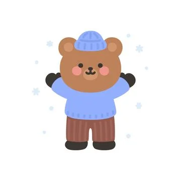 A cute bear standing in falling snowflakes Stock Illustration