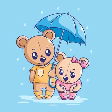 Cute bear standing under an umbrella in rainy weather Stock Illustration
