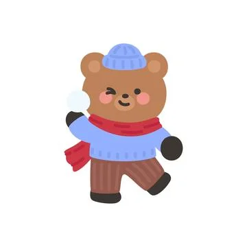 A cute bear throwing a snowball playfully while wrapped in a cozy scarf Stock Illustration
