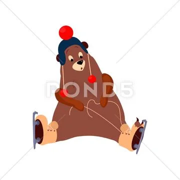Cute Bear Tying Laces on Skates. Vector Illustration Stock Illustration