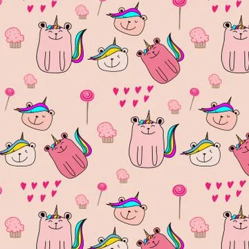 Cute Bear Unicorn Pattern Background. Vector Illustration. Stock Illustration