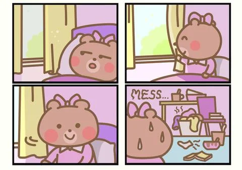 Cute bear waking up to a messy room comic strip Stockillustratie