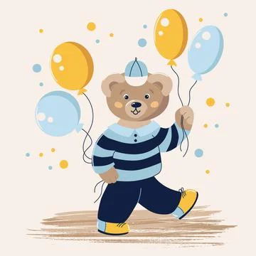 Cute bear is walking with balloons Stock Illustration