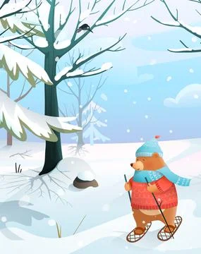 Cute Bear Walking in Winter Forest or Skiing Stock Illustration