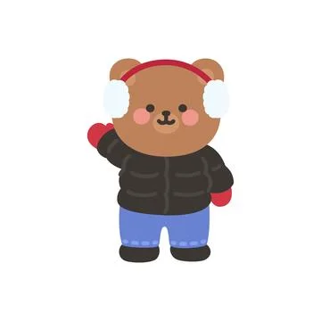 A cute bear waving while bundled in earmuffs gloves jacket and snow pants Illustrazione stock