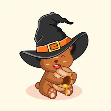 Cute Bear Wearing Witch Hat Holding Honey Pot Vector Illustration Kawaii Animal Stock Illustration