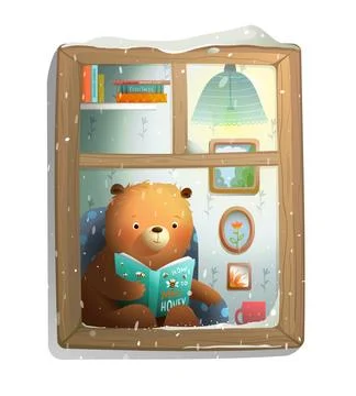 Cute Bear in Winter Reading Book at the Window Stock Illustration