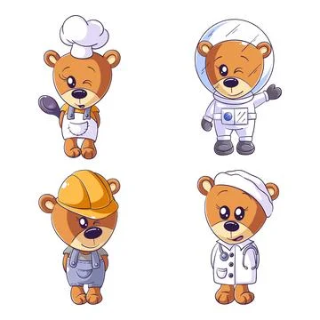 Cute bear in worker clothes, hand drawn style set Stock Illustration