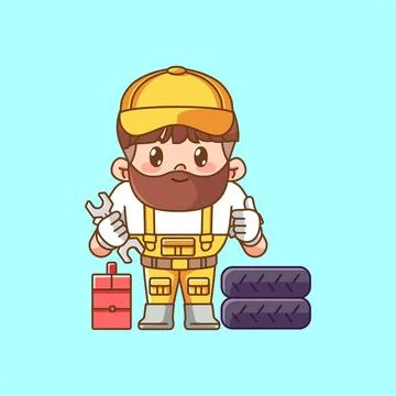 Cute beard mechanic with tool at workshop kawaii chibi character mascot Illustrazione stock