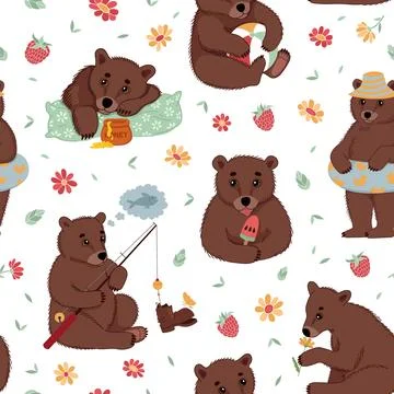 The cute bears are on summer vacation. Seamless pattern with cute little bear Stock Illustration