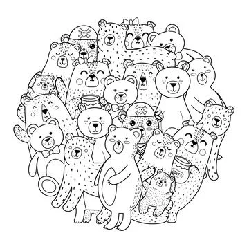 Cute bears circle shape pattern for coloring book. Forest animals coloring page Stock Illustration