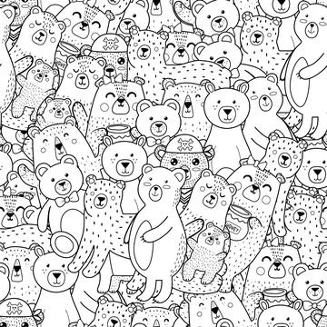 Cute bears seamless pattern for coloring book. Black and white forest animals Stock Illustration