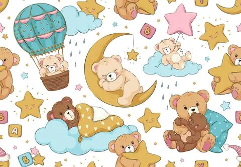 Cute bears sleep seamless pattern. Sky cloud. Childish moon or stars Ilustração Stock