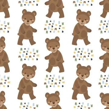 Cute bears on a white background . Animals and doodle elements. Vector Seamle Stock Illustration