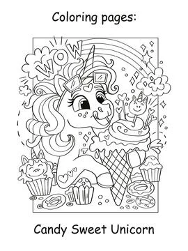 Cute beautiful unicorn girl eats tasty ice cream coloring book vector Stock Illustration