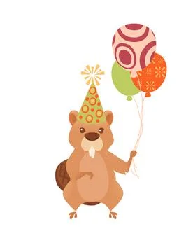Cute beaver in a cone-cap holds a air balloons in hands birthday animal concept Stock Illustration