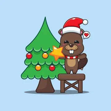 Cute beaver decorating the Christmas tree on Christmas day. Cartoon vector .. Stock Illustration