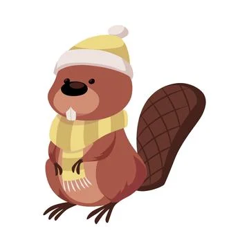 Cute beaver dressed in yellow hat and scarf, vector cartoon brown rodent animal Stock Illustration