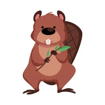 Cute beaver holding tree twig vector flat illustration, cartoon brown wild Stock Illustration