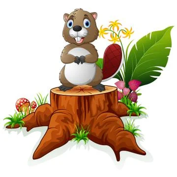 Cute beaver posing on tree stump Stock Illustration