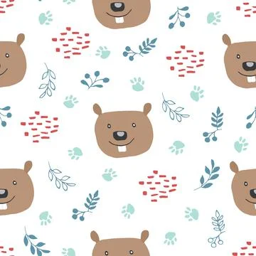 Cute Beaver Seamless pattern. Cartoon Animals in forest background. Vector il Illustrazione stock