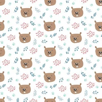 Cute Beaver Seamless pattern. Cartoon Animals in forest background. Vector il Stock Illustration