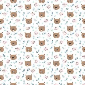 Cute Beaver Seamless pattern. Cartoon Animals in forest background. Vector il Stock Illustration