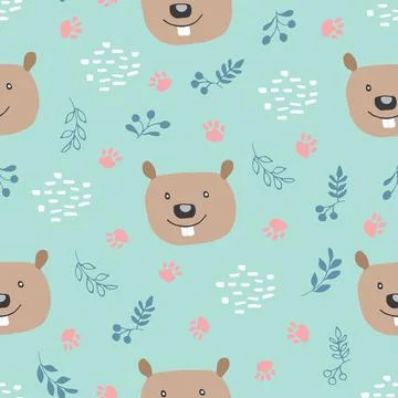Cute Beaver Seamless pattern. Cartoon Animals in forest background. Vector il Stock Illustration