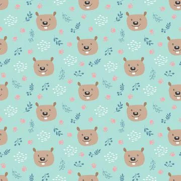 Cute Beaver Seamless pattern. Cartoon Animals in forest background. Vector il Stock Illustration