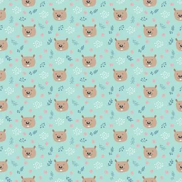 Cute Beaver Seamless pattern. Cartoon Animals in forest background. Vector il Stock Illustration