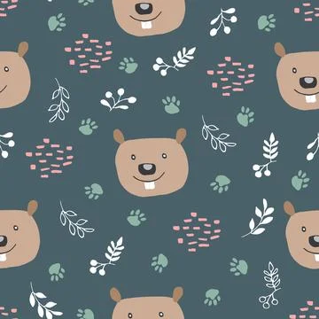 Cute Beaver Seamless pattern. Cartoon Animals in forest background. Vector il Stock Illustration